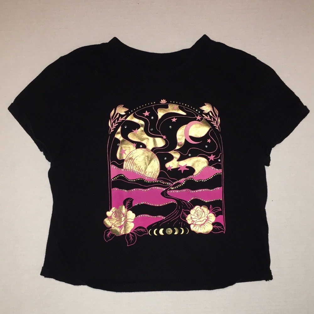 Black Kids Graphic Tee with Pink & Gold Celestial Print